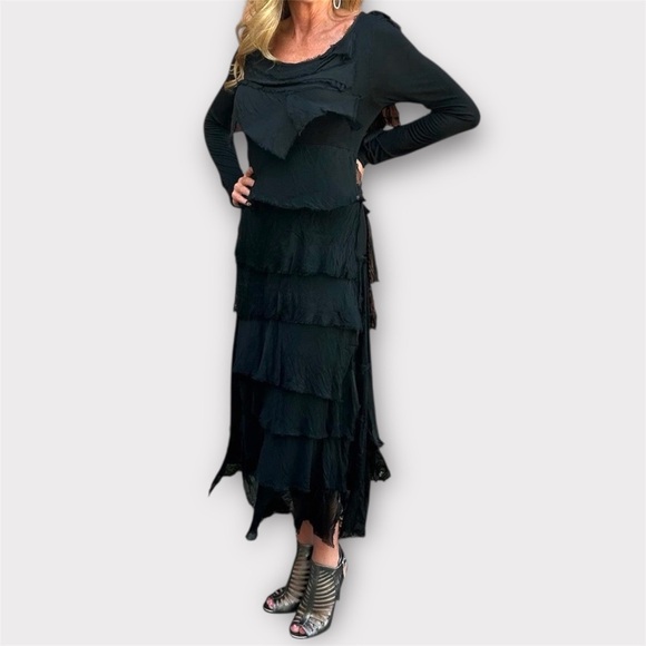 Liabella Made In Italy Silk Long Sleeve Distressed Dress New Black M Goth Witchy - Picture 3 of 4